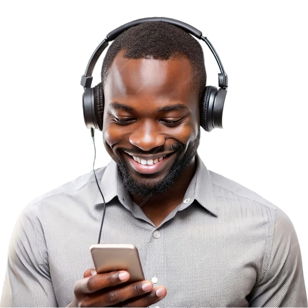 A man with headphones listening to audio on his phone